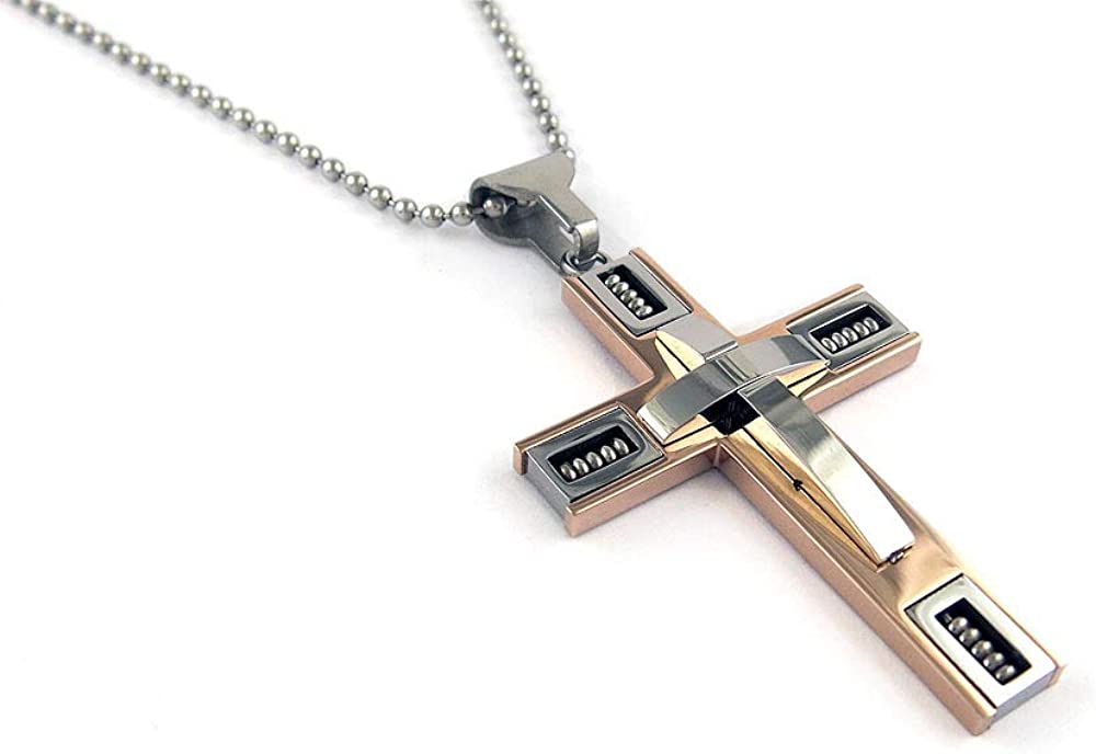 Stainless Steel Rose Gold & Silver Color Cross Pendant 24 inch Cuban Chain Necklace for Men