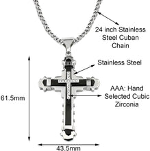 Load image into Gallery viewer, Stainless Steel Black &amp; Silver Color Cubic Zirconia Cross Pendant 24 inch Cuban Chain Necklace for Men
