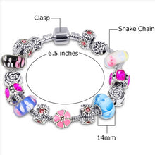 Load image into Gallery viewer, Silver Tone Charm Bracelet With Multicolor Pink Crystal And Murano Glass Beads Snake Chain For Women &amp; Girls
