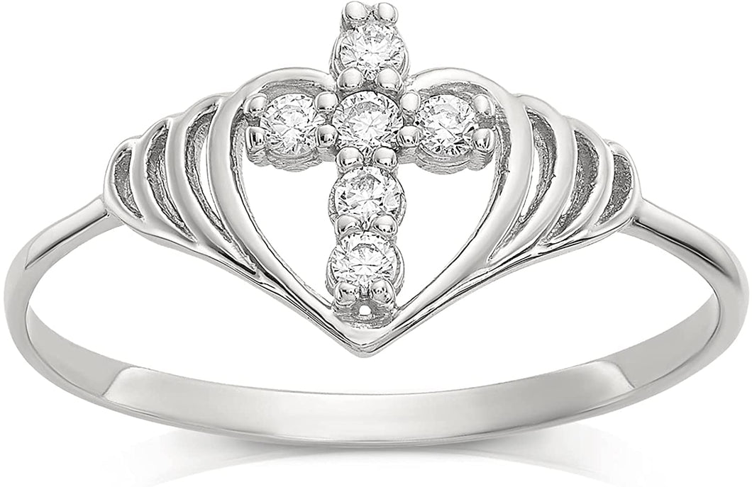 18K White Gold Plated Round Cut Cubic Zirconia Vertical Cross in Heart Band Ring Women's Girl's Religious Ring