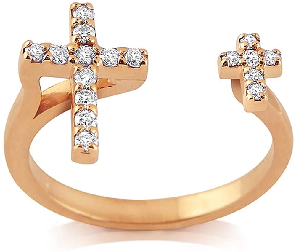 18K Rose Gold Plated Round Cut Cubic Zirconia Double Vertical Cross Open Band Ring Women's Girl's Religious Ring