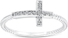 Load image into Gallery viewer, 18K White Gold Plated Round Cut Cubic Zirconia Sideways Cross Rope Band Ring Women&#39;s Girl&#39;s Religious Ring Comes with Gift Box
