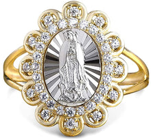 Load image into Gallery viewer, 18K Yellow &amp; White Gold Plated Oval Lady of Guadalupe Virgin Mary with Round Cut Cubic Zirconia Women&#39;s Girl&#39;s Religious Floral Ring Comes with Gift Box
