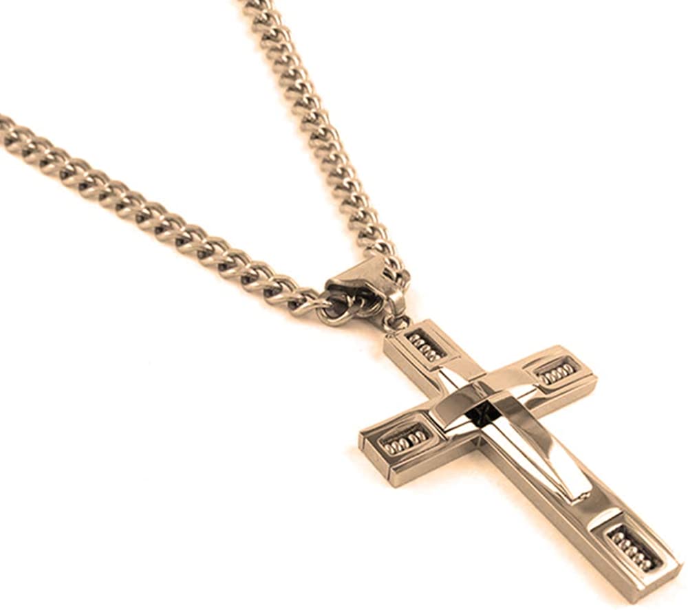 Stainless Steel Rose Gold Color Cross Pendant 24 inch Cuban Chain Necklace for Men