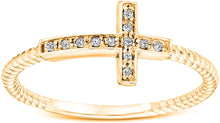 Load image into Gallery viewer, 18K Yellow Gold Plated Round Cut Cubic Zirconia Sideways Cross Rope Band Ring Women&#39;s Girl&#39;s Religious Ring Comes with Gift Box
