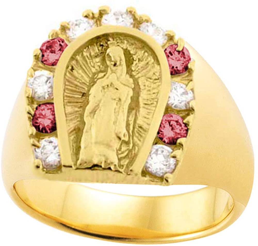 18K Yellow Gold Plated Horseshoe Lady of Guadalupe Virgin Mary with Round Cut White & Red Cubic Zirconia Women's Girl's Religious Ring Comes with Gift Box