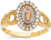 Load image into Gallery viewer, 18K Gold Plated Yellow White &amp; Rose Tri Color Lady of Guadalupe Virgin Mary with Round Cut Cubic Zirconia Women&#39;s Girl&#39;s Religious Ring Comes with Gift Box
