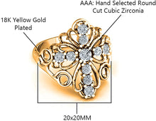 Load image into Gallery viewer, 18K Yellow Gold Plated Round Cut Cubic Zirconia Filigree Cross Ring Women&#39;s Girl&#39;s Religious Ring Comes with Gift Box
