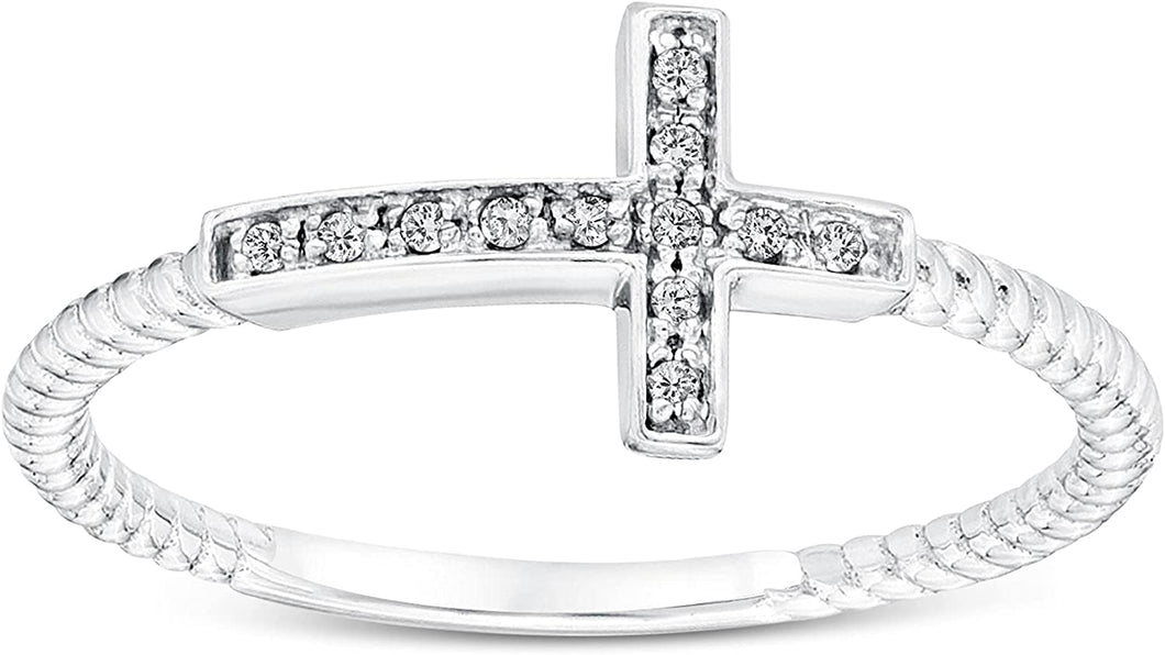 18K White Gold Plated Round Cut Cubic Zirconia Sideways Cross Rope Band Ring Women's Girl's Religious Ring Comes with Gift Box