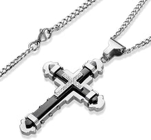 Load image into Gallery viewer, Stainless Steel Black &amp; Silver Color Cubic Zirconia Cross Pendant 24 inch Cuban Chain Necklace for Men
