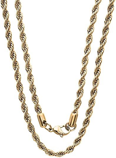 5mm Stainless Steel Gold Color Rope Twist Necklace Chain for Men & Women Comes in 16-30 inches (16, 5mm)