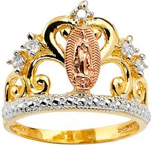 Load image into Gallery viewer, 18K Gold Plated Yellow &amp; Rose Color Lady of Guadalupe Virgin Mary with Round Cut Cubic Zirconia Women&#39;s Girl&#39;s Religious Crown Ring Comes with Gift Box (5)
