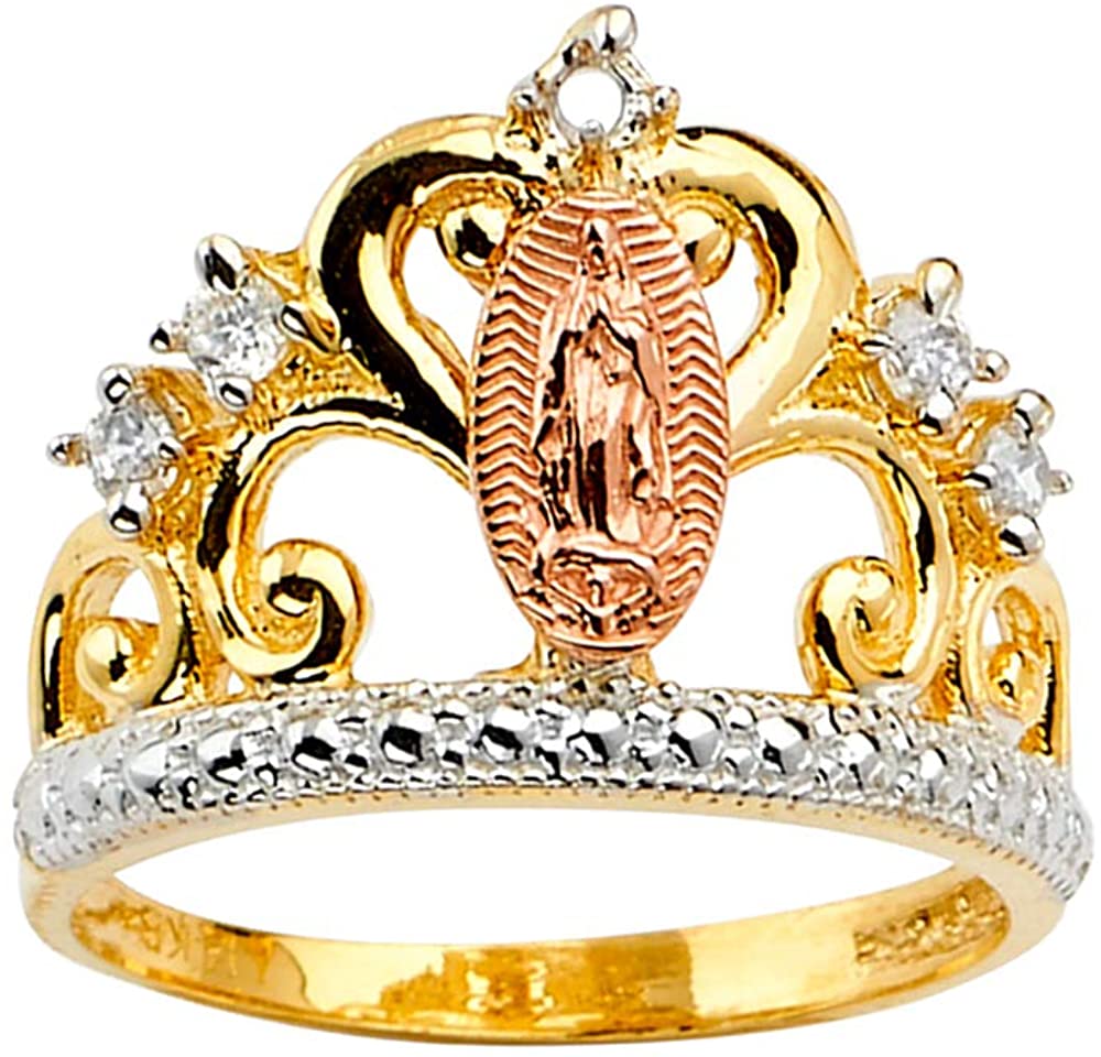 18K Gold Plated Yellow & Rose Color Lady of Guadalupe Virgin Mary with Round Cut Cubic Zirconia Women's Girl's Religious Crown Ring Comes with Gift Box (5)