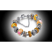 Load image into Gallery viewer, Silver Tone Charm Bracelet With Yellow Crystal And Murano Glass Beads Snake Chain For Women &amp; Girls
