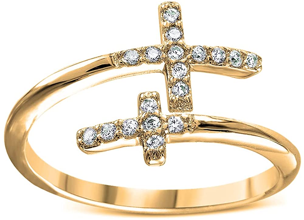 18K Yellow Gold Plated Round Cut Cubic Zirconia Double Sideways Cross Band Ring Women's Girl's Religious Ring