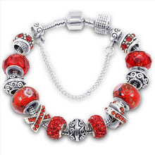 Load image into Gallery viewer, Silver Tone Charm Bracelet With Red Crystal And Murano Glass Beads Snake Chain For Women &amp; Girls
