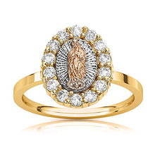 Load image into Gallery viewer, 18K Gold Plated White Yellow &amp; Rose Three Color Lady of Guadalupe Virgin Mary with Round Cut Cubic Zirconia Women&#39;s Girl&#39;s Religious Ring
