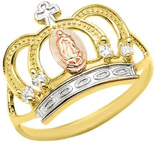 Load image into Gallery viewer, 18K Gold Plated Yellow White &amp; Rose Tri Color Lady of Guadalupe Virgin Mary with Crown &amp; Cross Round Cut Cubic Zirconia Women&#39;s Girl&#39;s Religious Ring Comes with Gift Box
