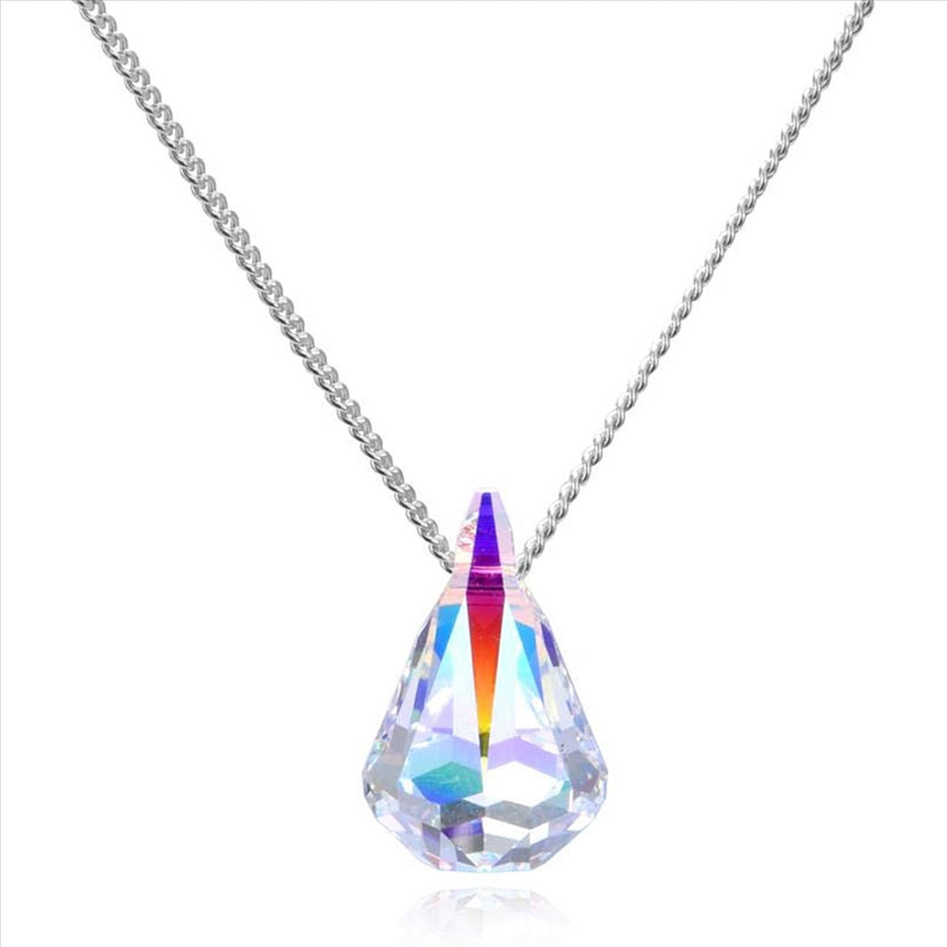 14K White Gold Plated Aurora Borealis Drop Cut 18 Inches Pendant Chain Necklace For Women & Girls