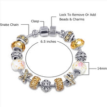 Load image into Gallery viewer, Silver Tone Charm Bracelet With Yellow Crystal And Murano Glass Beads Snake Chain For Women &amp; Girls
