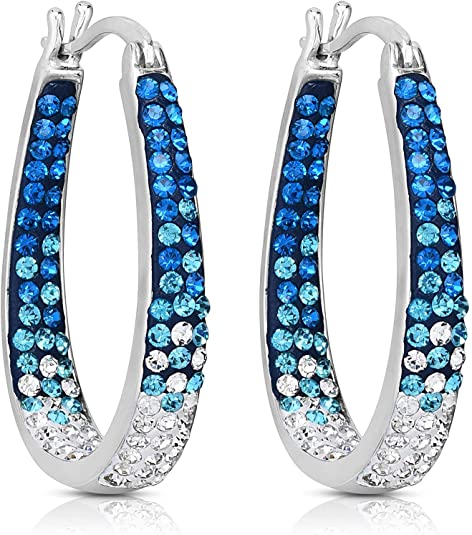 14K White Gold Plated Inside Out Crystal Hoop Earrings For Women & Girls (Light Blue-White)