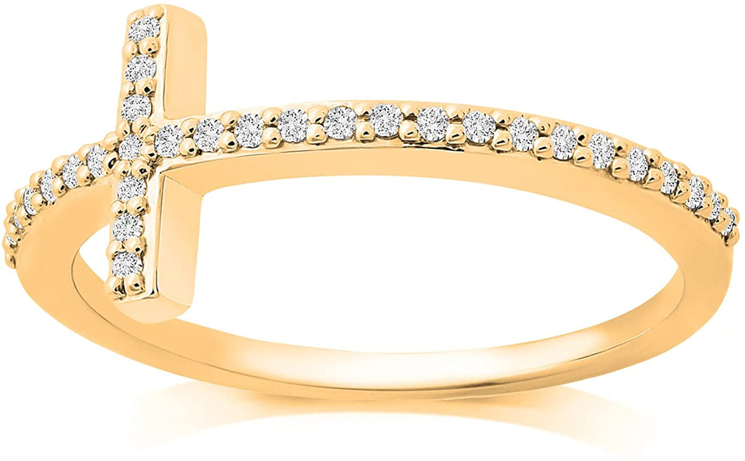 18K Yellow Gold Plated Round Cut Cubic Zirconia Sideways Cross Band Ring Women's Girl's Religious Ring