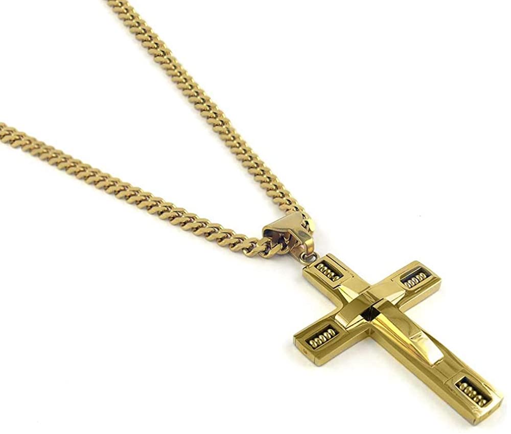 Stainless Steel Gold Color Cross Pendant 24 inch Cuban Chain Necklace for Men