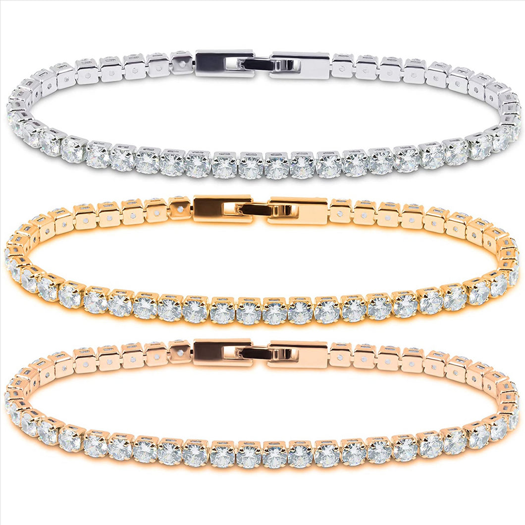 3 Pack White, Yellow, Rose 14K Gold Plated Cubic Zirconia Round 4MM Classic Tennis Bracelet For Women