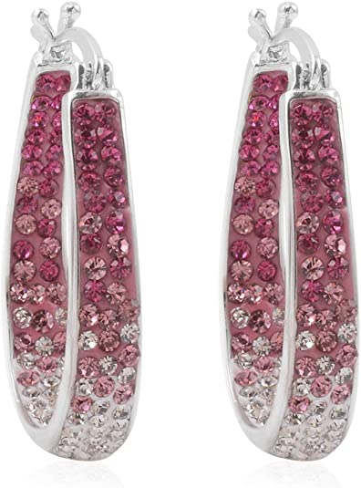 14K White Gold Plated Inside Out Crystal Hoop Earrings For Women & Girls (Pink-White)