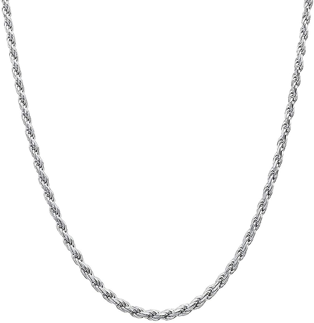 925 Sterling Silver 2mm Solid Italian Rope Diamond Cut Twist Link Chain Necklace With Gift Box For Men & Women - Made in Italy