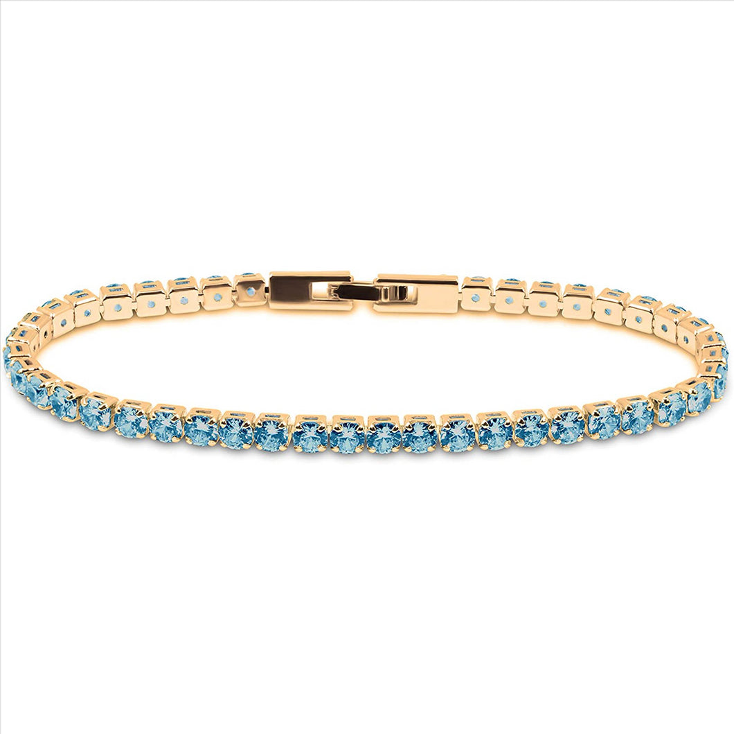 14K Yellow Gold Plated Light Blue Cubic Zirconia Round 4MM Classic Tennis Bracelet For Women