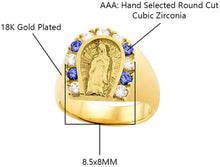 Load image into Gallery viewer, 18K Yellow Gold Plated Horseshoe Lady of Guadalupe Virgin Mary with Round Cut White &amp; Blue Cubic Zirconia Women&#39;s Girl&#39;s Religious Ring Comes with Gift Box
