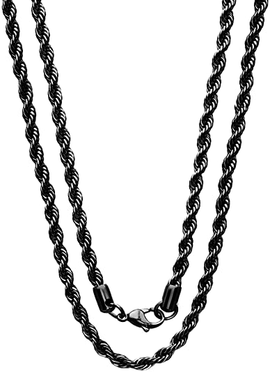 4mm Stainless Steel Black Color Rope Twist Necklace Chain for Men & Women Comes in 16-30 inches (16, 4mm)