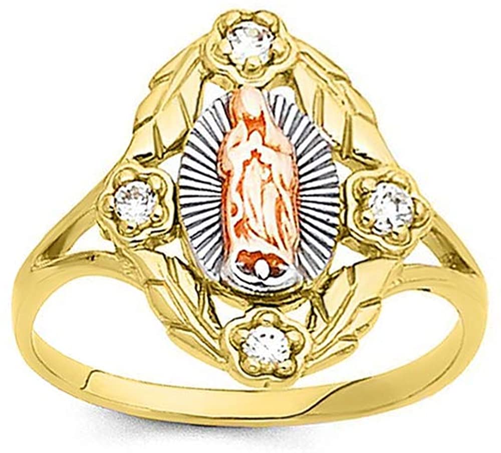 18K Gold Plated Yellow White & Rose Tri Color Lady of Guadalupe Virgin Mary with 4 Round Cut Cubic Zirconia Women's Girl's Religious Ring Comes with Gift Box