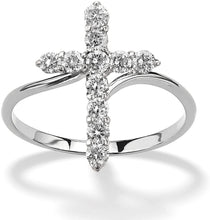 Load image into Gallery viewer, 18K White Gold Plated Round Cut Cubic Zirconia Vertical Cross Bypass Band Ring Women&#39;s Girl&#39;s Religious Ring
