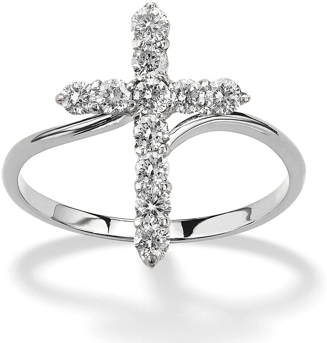 18K White Gold Plated Round Cut Cubic Zirconia Vertical Cross Bypass Band Ring Women's Girl's Religious Ring