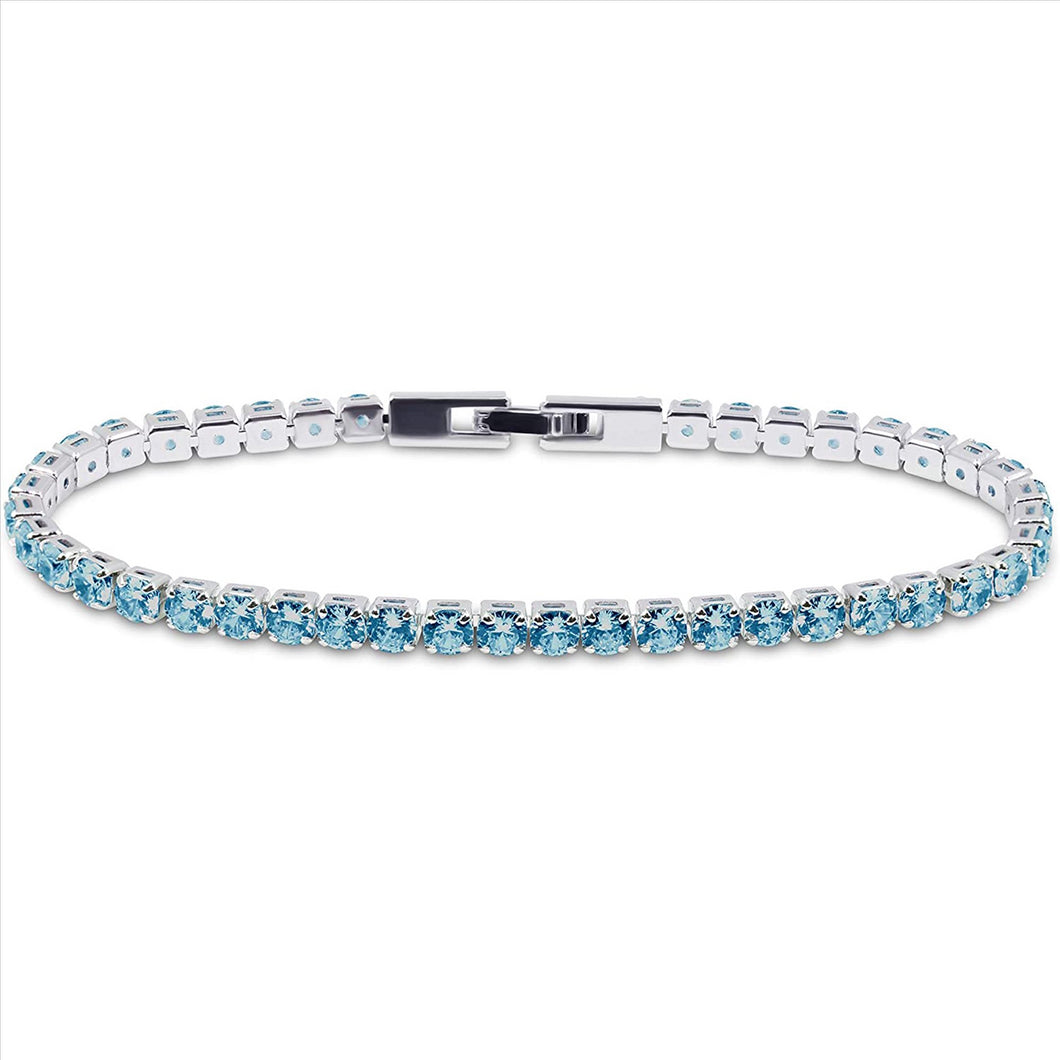 14K White Gold Plated Light Blue Cubic Zirconia Round 4MM Classic Tennis Bracelet For Women