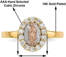 Load image into Gallery viewer, 18K Gold Plated White Yellow &amp; Rose Three Color Lady of Guadalupe Virgin Mary with Round Cut Cubic Zirconia Women&#39;s Girl&#39;s Religious Ring
