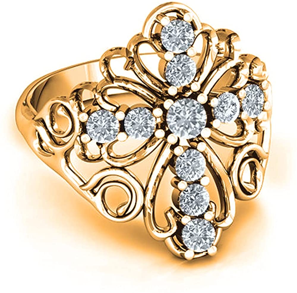 18K Yellow Gold Plated Round Cut Cubic Zirconia Filigree Cross Ring Women's Girl's Religious Ring Comes with Gift Box