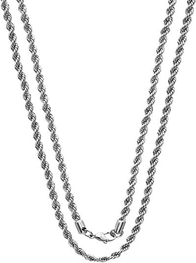 2.5mm Stainless Steel Rope Twist Necklace Chain for Men & Women Comes in 16-30 inches (16, 2.5mm)