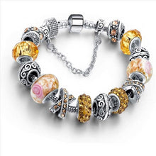 Load image into Gallery viewer, Silver Tone Charm Bracelet With Yellow Crystal And Murano Glass Beads Snake Chain For Women &amp; Girls
