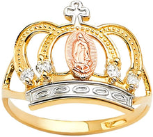 Load image into Gallery viewer, 18K Gold Plated Yellow White &amp; Rose Tri Color Lady of Guadalupe Virgin Mary with Crown &amp; Cross Round Cut Cubic Zirconia Women&#39;s Girl&#39;s Religious Ring Comes with Gift Box
