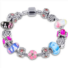 Load image into Gallery viewer, Silver Tone Charm Bracelet With Multicolor Pink Crystal And Murano Glass Beads Snake Chain For Women &amp; Girls
