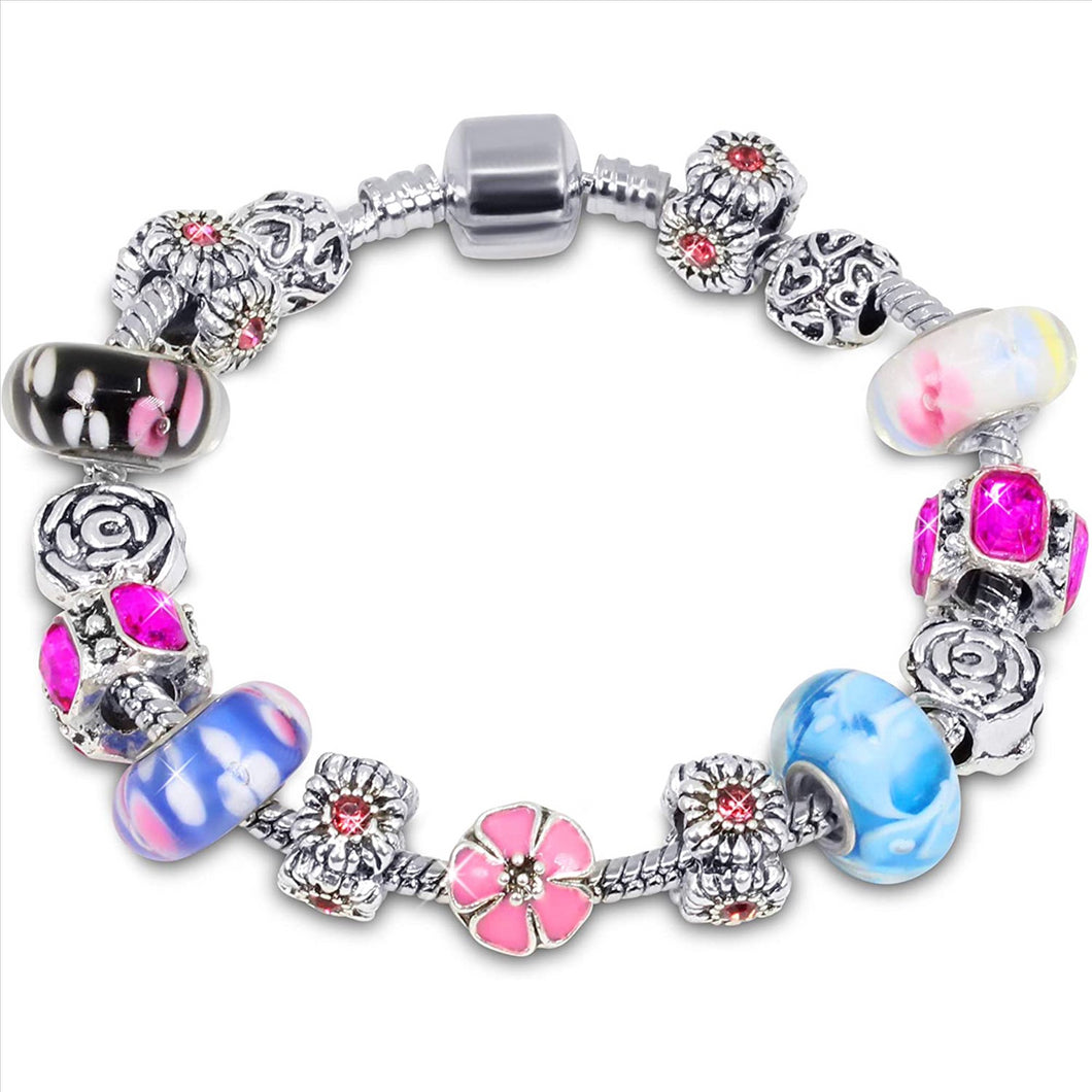 Silver Tone Charm Bracelet With Multicolor Pink Crystal And Murano Glass Beads Snake Chain For Women & Girls