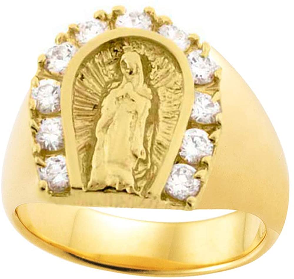 Savlano 18K Yellow Gold Plated Horseshoe Lady of Guadalupe Virgin Mary with Round Cut Cubic Zirconia Women's Girl's Religious Ring Comes with Gift Box (10)