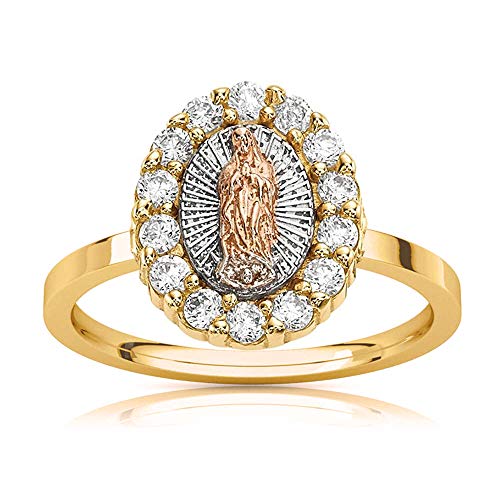 18K Gold Plated White Yellow & Rose Three Color Lady of Guadalupe Virgin Mary with Round Cut Cubic Zirconia Women's Girl's Religious Ring