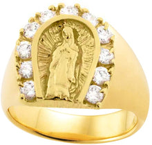 Load image into Gallery viewer, 18K Yellow Gold Plated Horseshoe Lady of Guadalupe Virgin Mary with Round Cut Cubic Zirconia Women&#39;s Girl&#39;s Religious Ring Comes with Gift Box (5)
