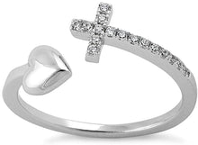 Load image into Gallery viewer, 18K White Gold Plated Round Cut Cubic Zirconia Sideways Cross and Heart Open Band Ring Women&#39;s Girl&#39;s Religious Ring
