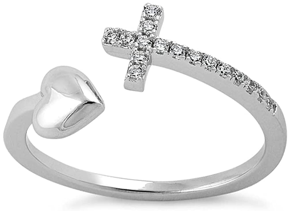 18K White Gold Plated Round Cut Cubic Zirconia Sideways Cross and Heart Open Band Ring Women's Girl's Religious Ring