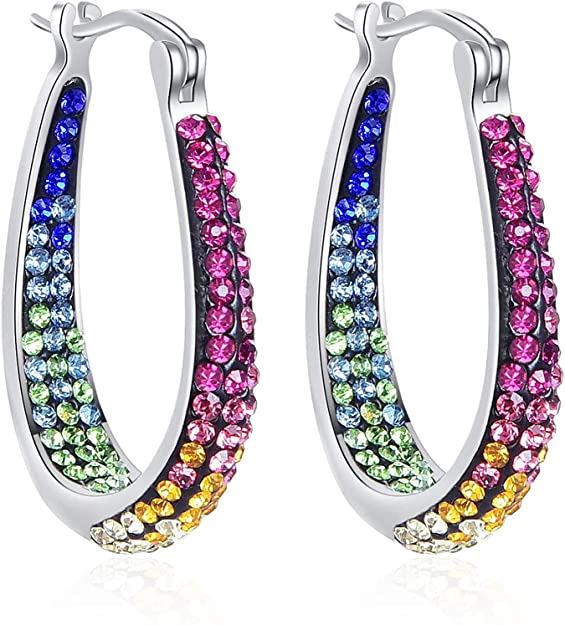 14K White Gold Plated Inside Out Crystal Hoop Earrings For Women & Girls (Rainbow)